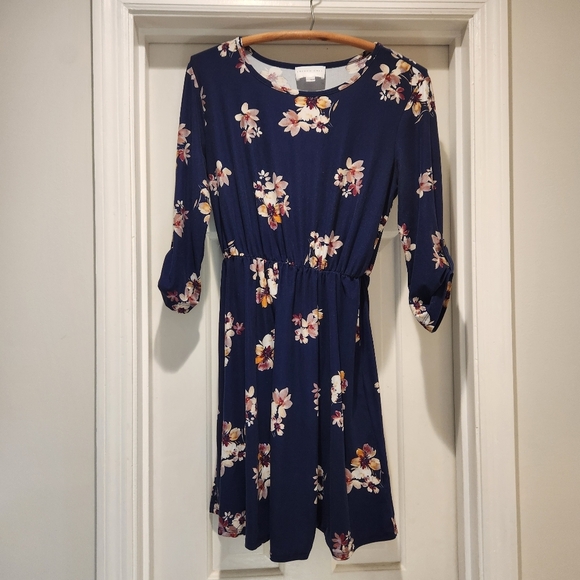 French Grey Dresses & Skirts - French Grey Quarter Sleeve Floral Navy Dress Womens Size Large